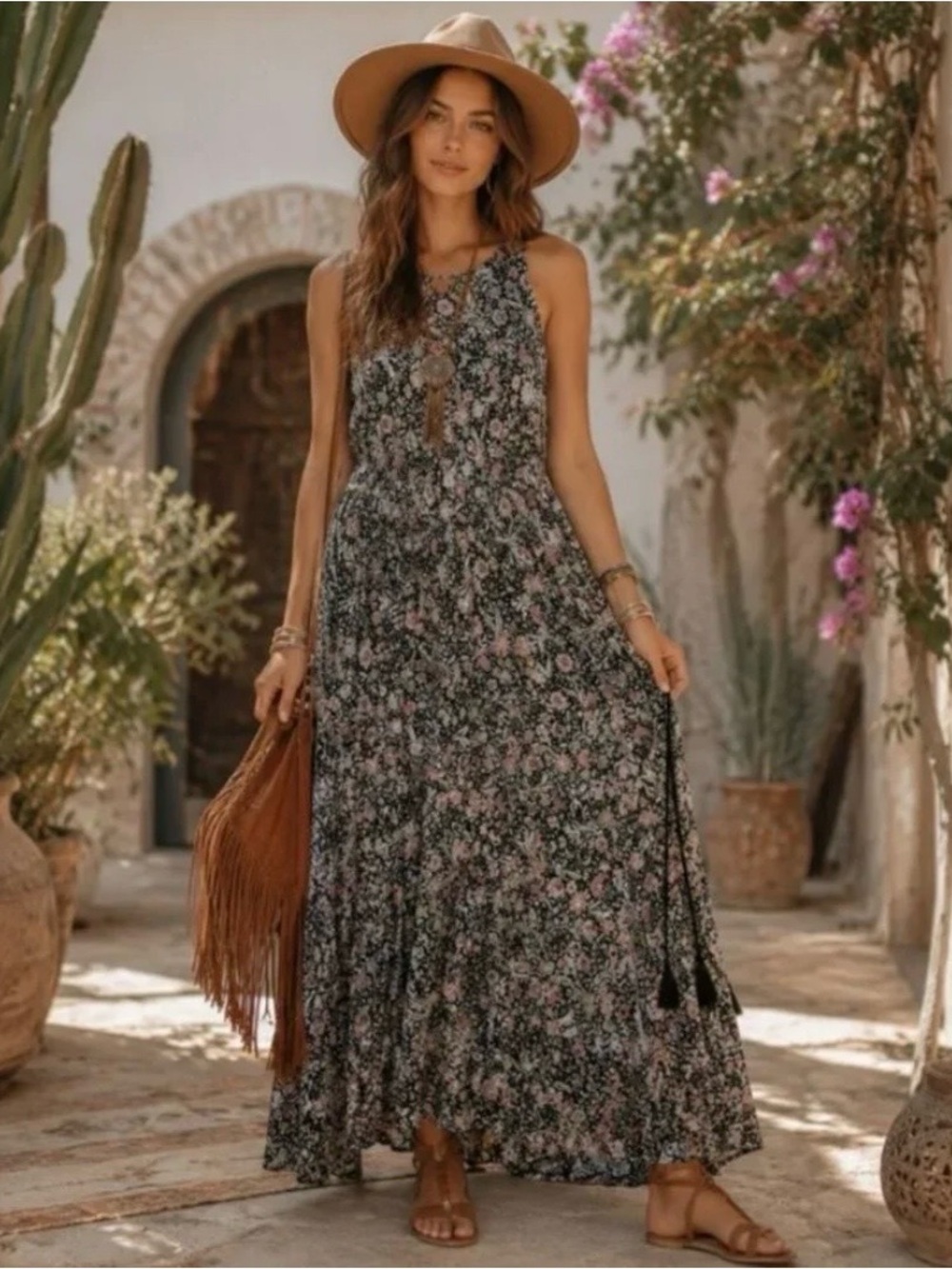 J Jill Maxi Dress Floral Sleeveless Stretch w/ Cinch Waist, Side Pocket, Size XL